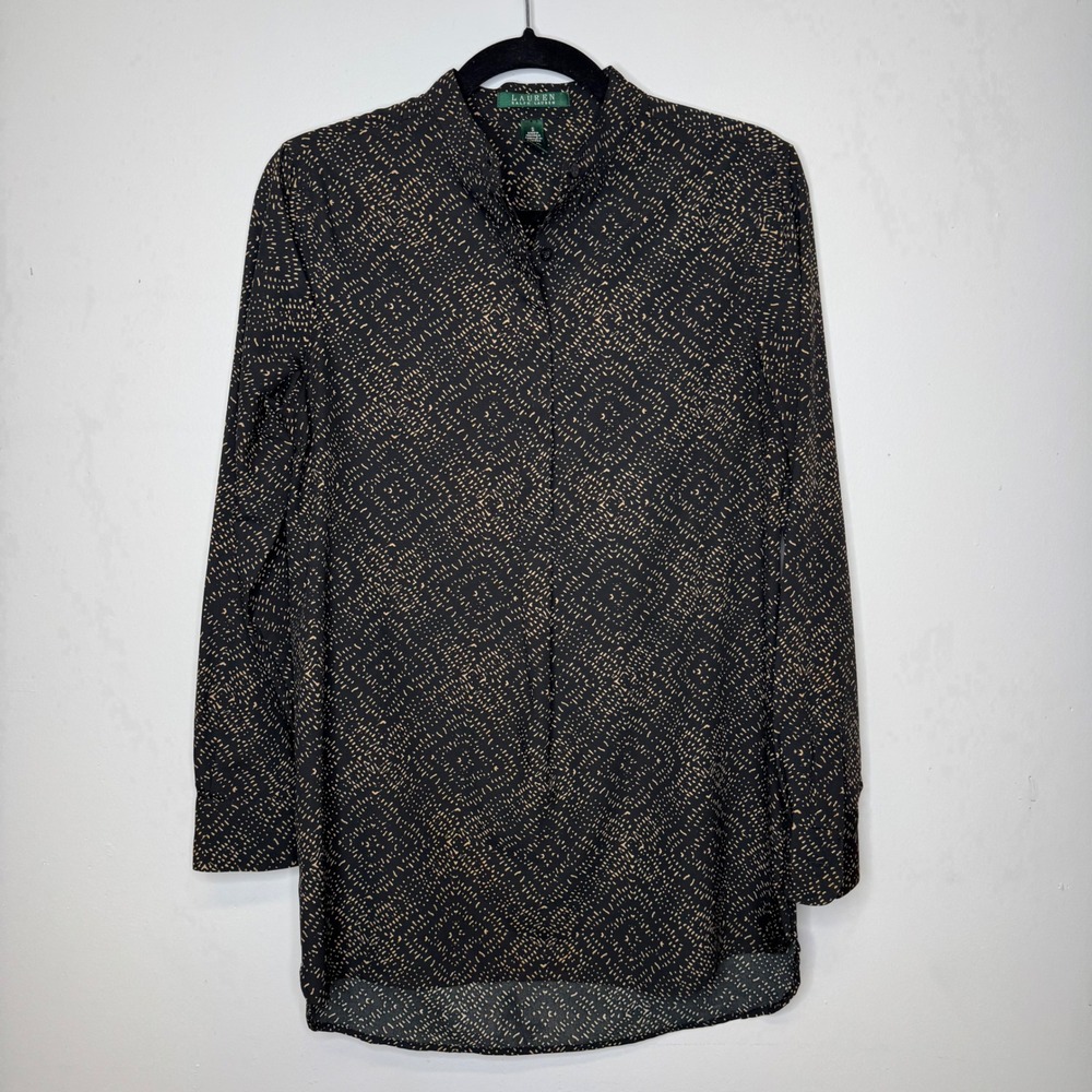 Lauren Ralph Lauren Womens Black Tan Geometric Dash Print Tunic Blouse Small